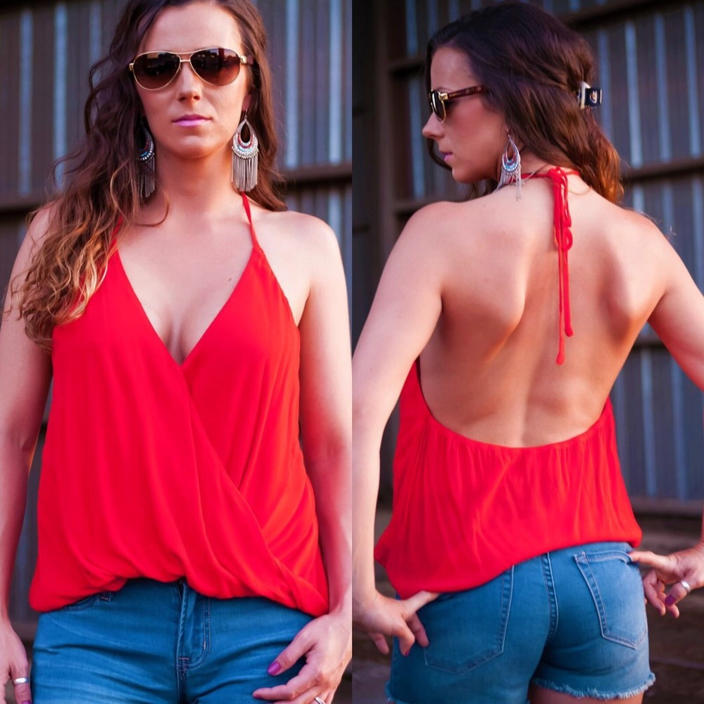 Cotton Candy LA Red Sexy Drape Halter Tie Low Back Top Blouse Size Small NWT
